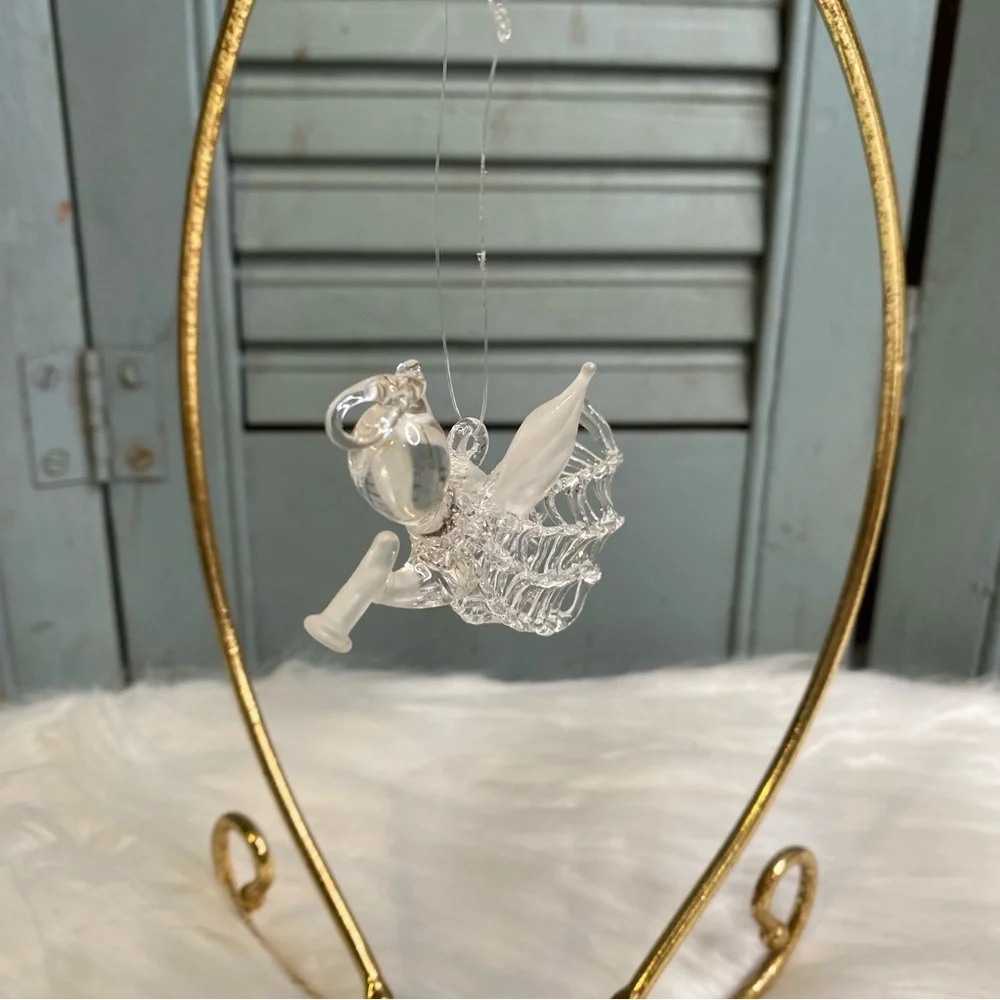 Vintage Spun Glass Angel Ornament with Frosted Wings and Horn